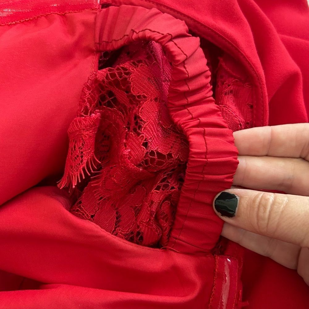 Aidan by Aidan Mattox Red Off the Shoulder Ruffled Sheath Midi Dress SIZE 12 - Picture 9 of 10